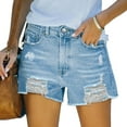 thumbnail image 1 of MRULIC jeans for women Women's Shorts With Pocket Distressed Cut Shorts Ripped Waist Denim Jean Mid Stretchy Summer Women's Jeans Sky Blue + XL, 1 of 9