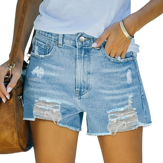 MRULIC jeans for women Women's Shorts With Pocket Distressed Cut Shorts Ripped Waist Denim Jean Mid Stretchy Summer Women's Jeans Sky Blue + XL