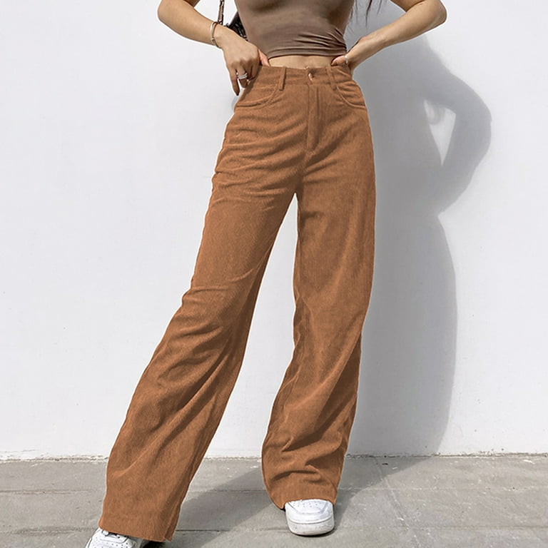 MRULIC jeans for women Women's Solid Mid Waisted Wide Leg Pants Straight  Casual Baggy Trousers Khaki + S
