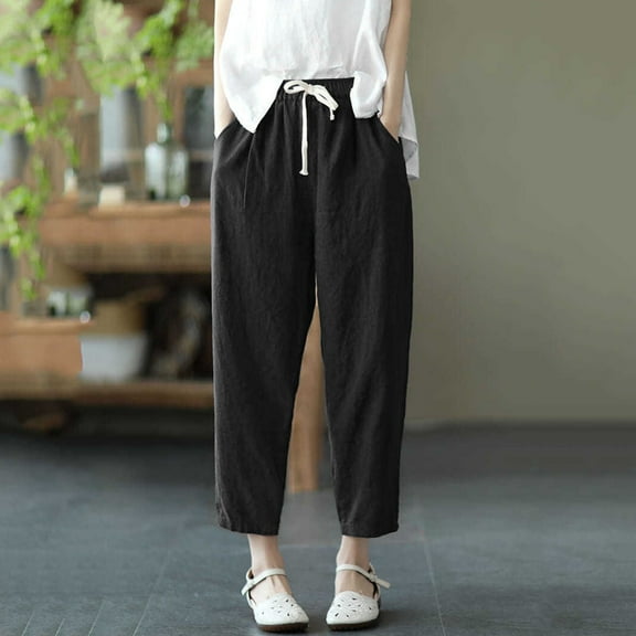 MRULIC jeans for women Womens Solid Cotton And Linen Pocket Elastic Waist Loose Trousers Pants Black   M