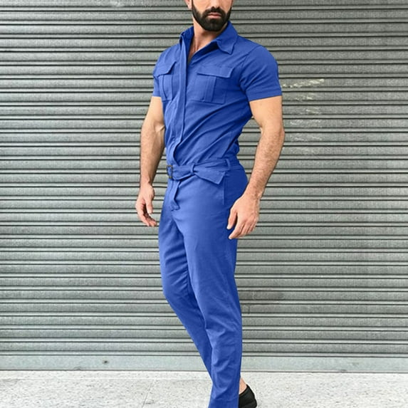 MRULIC jeans for men With Pockets Zipper Solid Men's Spring Color Tooling Lace-up Pants Jumpsuit Short-sleeved And Summer Rompers Men's pants Men Cargo Pants Blue + L
