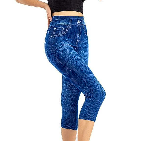 MRULIC leggings for women Waist Elastic Capris Jeans Leggings High Leggings Women's Imitation Pants Blue + M