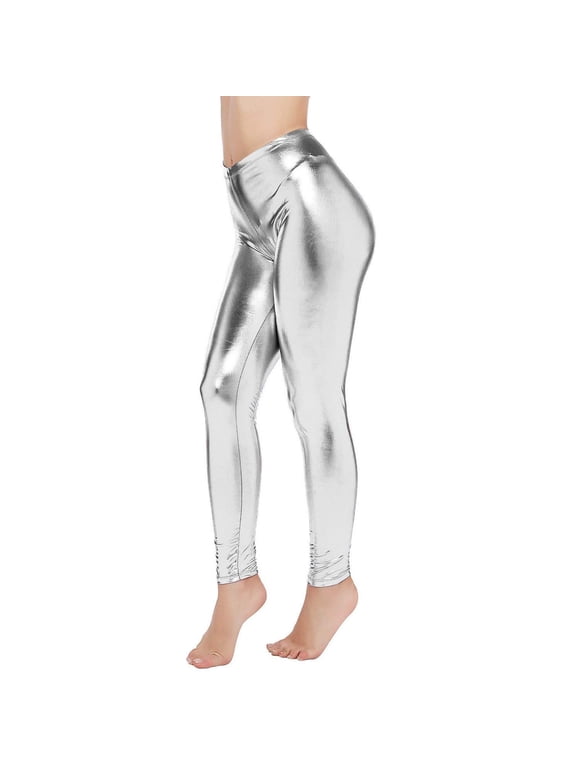 leggings for women Womens Shiny Faux Leather Leggings Pants Clubwear Trousers Tight Body Silver + S