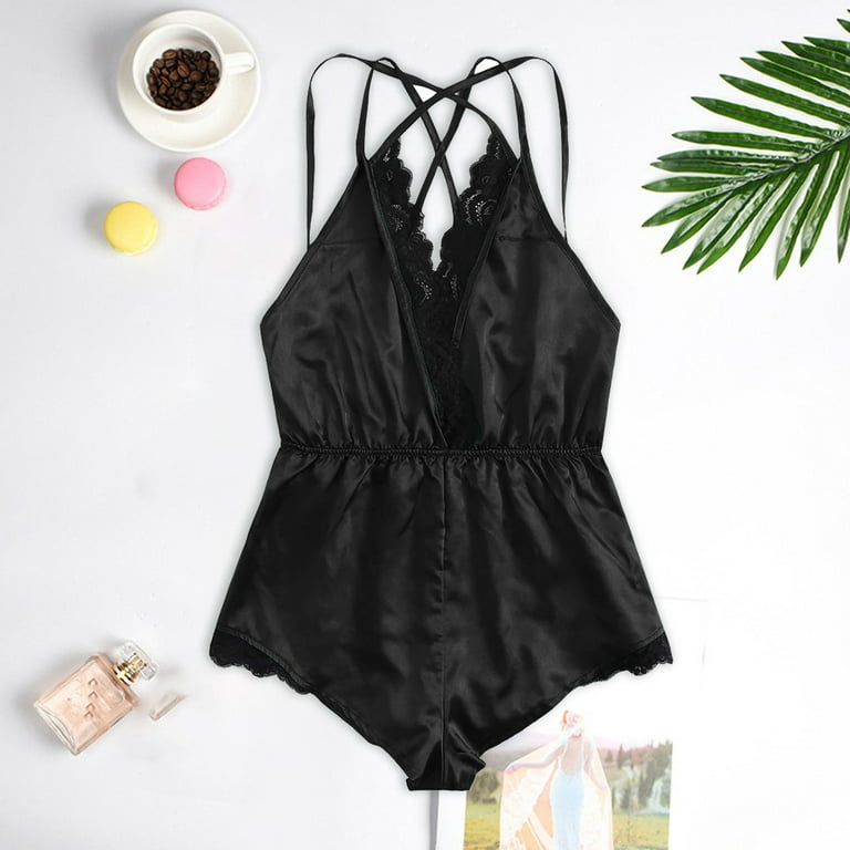 MRULIC lingerie for women New Fashion Bodysuit Jumpsuit Lace Satin Silk  Sleepwear Lingerie Underwear Black + XL 