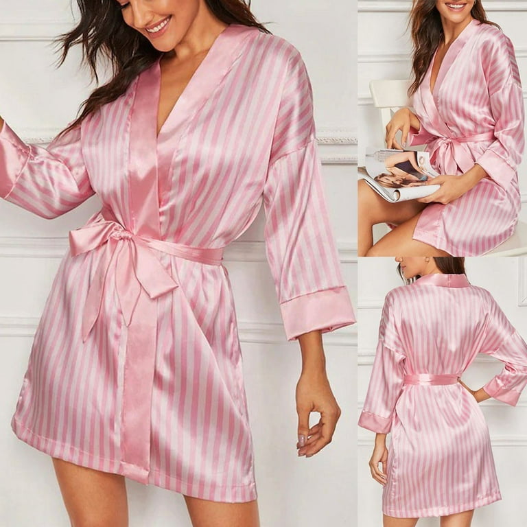 MRULIC lingerie for women Robe Sleepwear Women Size Plus Lingerie Pajamas  Satin Bathrobe Silk Stripe Pink + XL