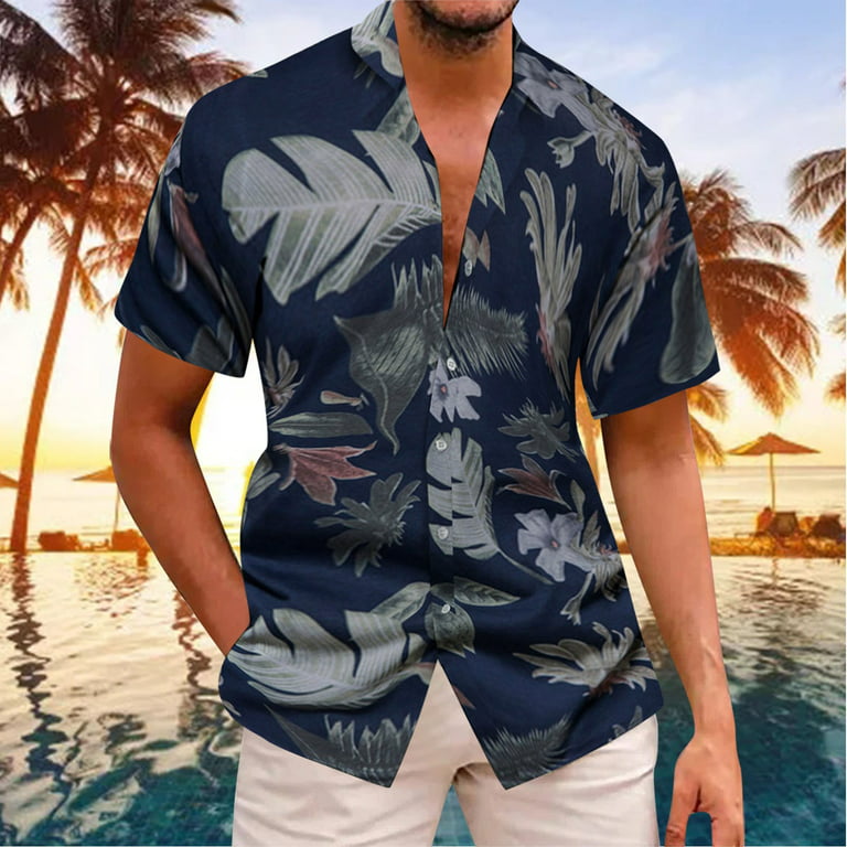 MRULIC mens shirts Men's Fashion Shirt Leisure Seaside Beach Hawaiian Short  Sleeve Printed Shirt Loose Summer Beach Top Shirt Men Shirts Navy Blue + L  