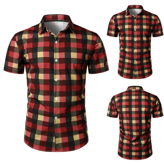 MRULIC mens shirts Men's Spring And Summer Printed Casual Lapel Large Size Beach Holiday Plaid Short Sleeve Shirt Red + M
