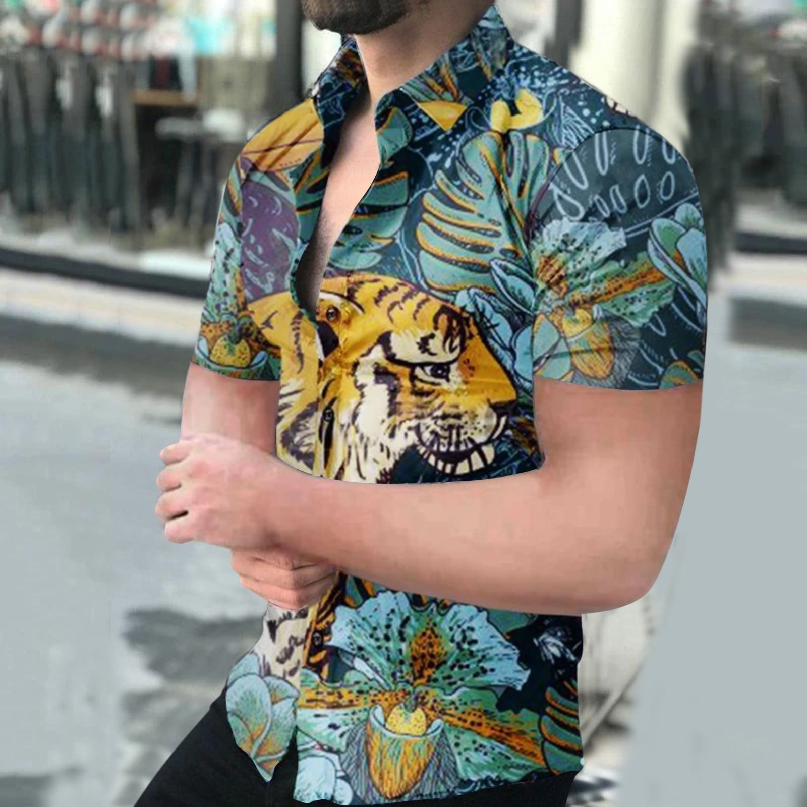 MRULIC mens shirts Men's Spring And Summer Printed Top Shirt Casual Lapel  Large Size Top Shirt Beach Holiday Short Sleeve Fashion Shirt Blue + 4XL
