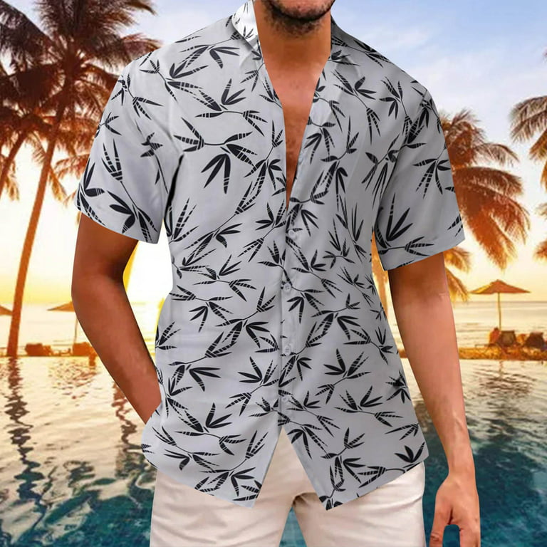 MRULIC mens shirts Men's Summer Fashion Shirt Leisure Seaside Beach Hawaiian  Short Sleeve Printed Shirt Loose Top Blouse Men Shirts White + L 