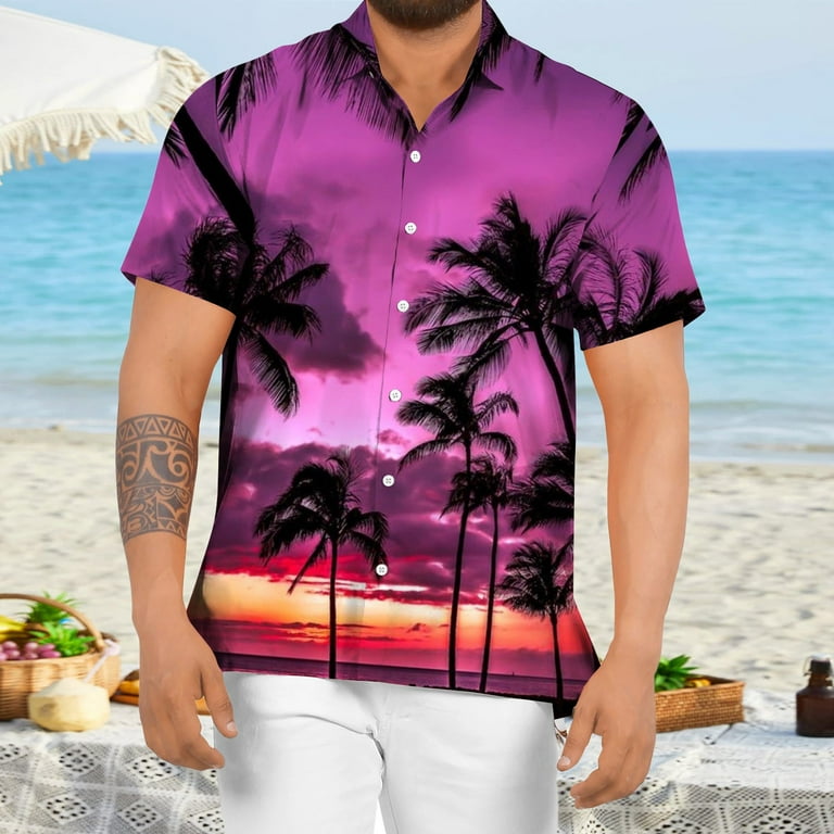 MRULIC mens shirts Short Casual Floral Down Button Beach Casual Tropical  Spring Sleeve Summer Mens Shirts Men Shirts Men Shirts Purple + 3XL