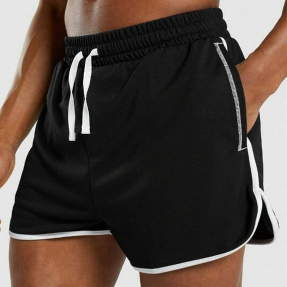 MRULIC mens shorts Male Summer Sport Splice White Bar Shorts Drawstring Solid Pocket Shorts Quarter Pants Men Casual Shorts Black + M