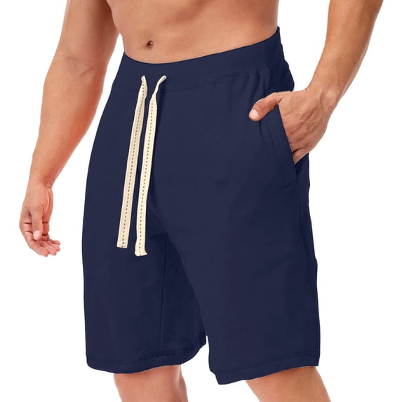 MRULIC mens shorts Men Summer Casual Beach Shorts Solid Drawstring Sports Workout Shorts With Pockets Men Casual Shorts Navy Blue + L