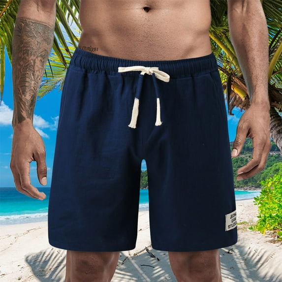 MRULIC mens shorts Men Summer Solid Color Short Patchwork Sports Short Tether Pocket Short Cotton And Linen Loose Short Men Casual Shorts Navy Blue + XL