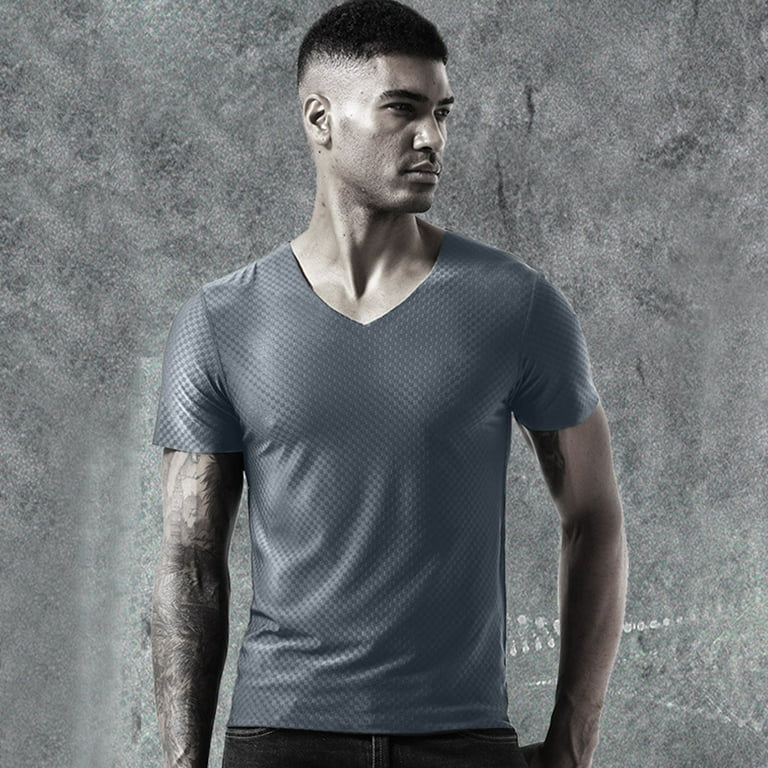Mrulic T Shirts for Men Men Breathable Ice Silk T Shirt Top Short Sleeve Cultivate Fitness Movement Summer V Neck Short Sleeve Grey + 3XL, Men's