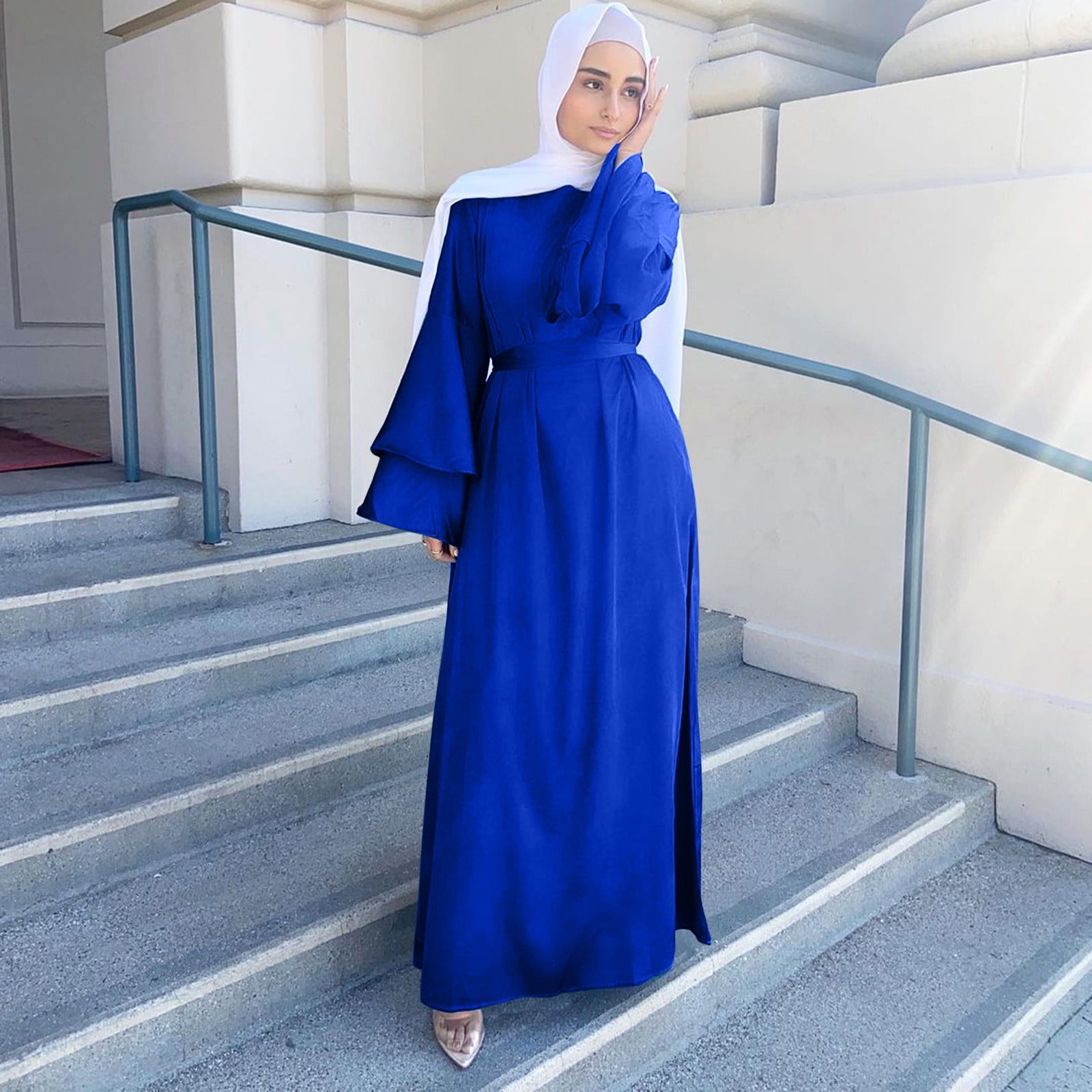 MRULIC muslim dress for women Women's Fashion Solid Color O-Neck Long  Sleeve Satin Soft Waist And Ankle Dress Blue + XXL
