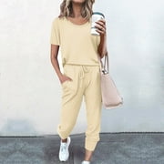 MRULIC pants for women 2Pc Women Pure Color Suit Short Sleeve Leisure Pocket Home Sweatpants Sets Women's Trousers Suit Beige + L
