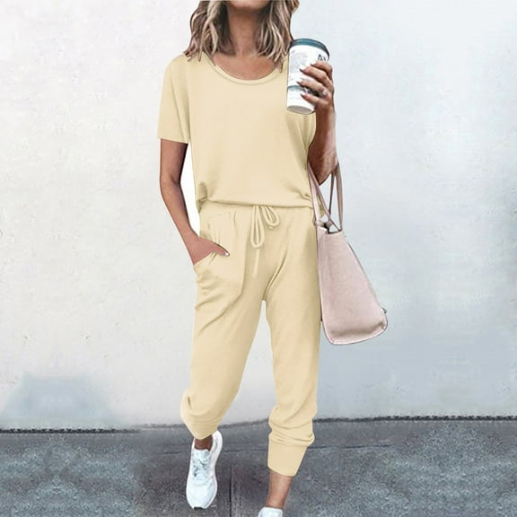 MRULIC pants for women 2Pc Women Pure Color Suit Short Sleeve Leisure Pocket Home Sweatpants Sets Women's Trousers Suit Beige S