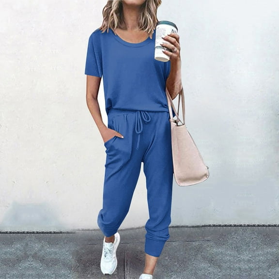 MRULIC pants for women 2Pc Women Pure Color Suit Short Sleeve Leisure Pocket Home Sweatpants Sets Women's Trousers Suit Blue + XXL