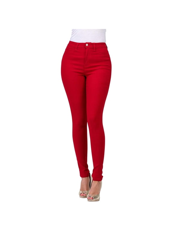 pants for women Fashion Womens High Waisted-Rise Stretc Skinny Jeans For Women Pant Red + S