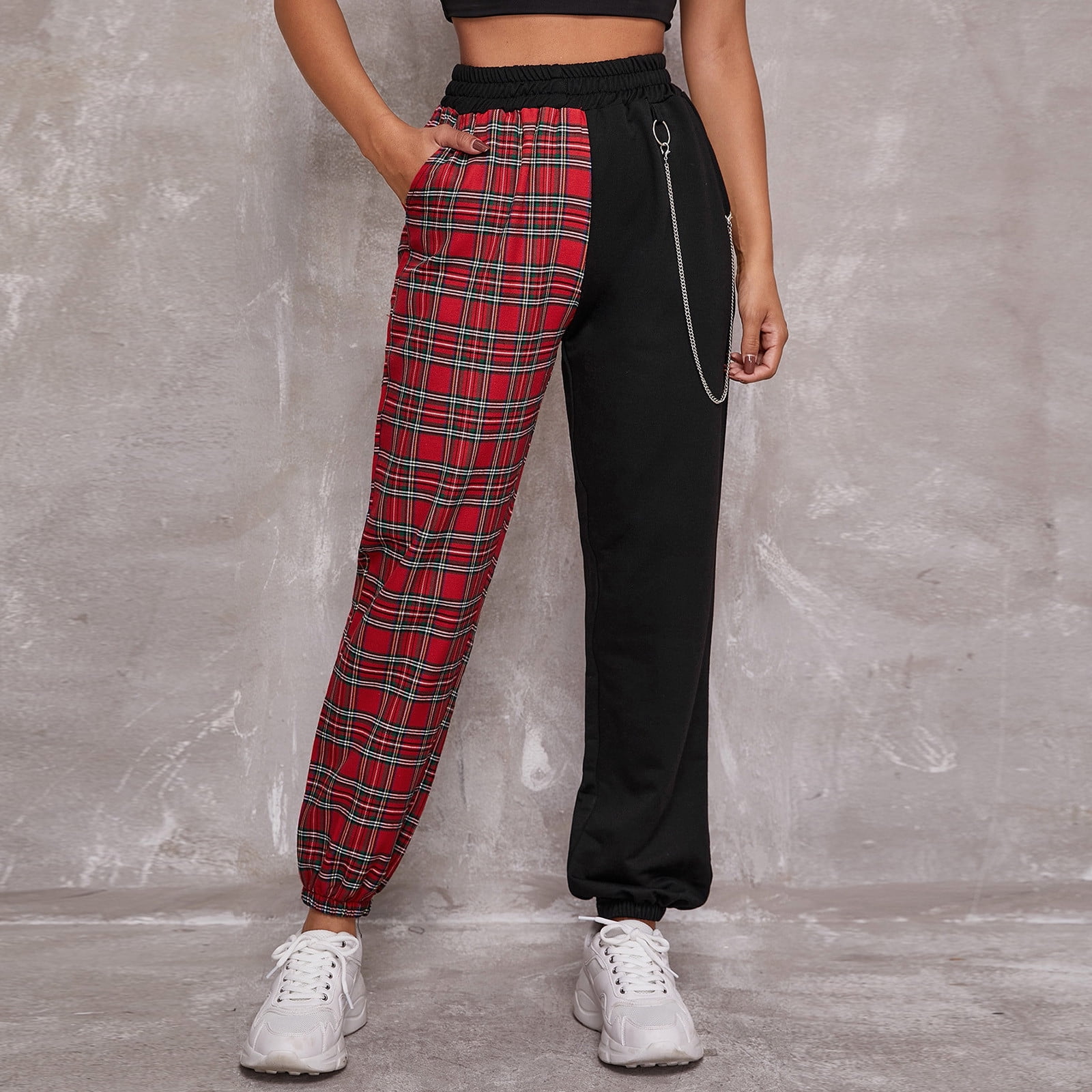 Red plaid pants with chain sale