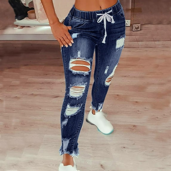 MRULIC pants for women Women Solid Color Bandage Hole High Jeans Flares Ankle Fashion Pants Trouser Plus Size Pants Navy Blue + 4XL