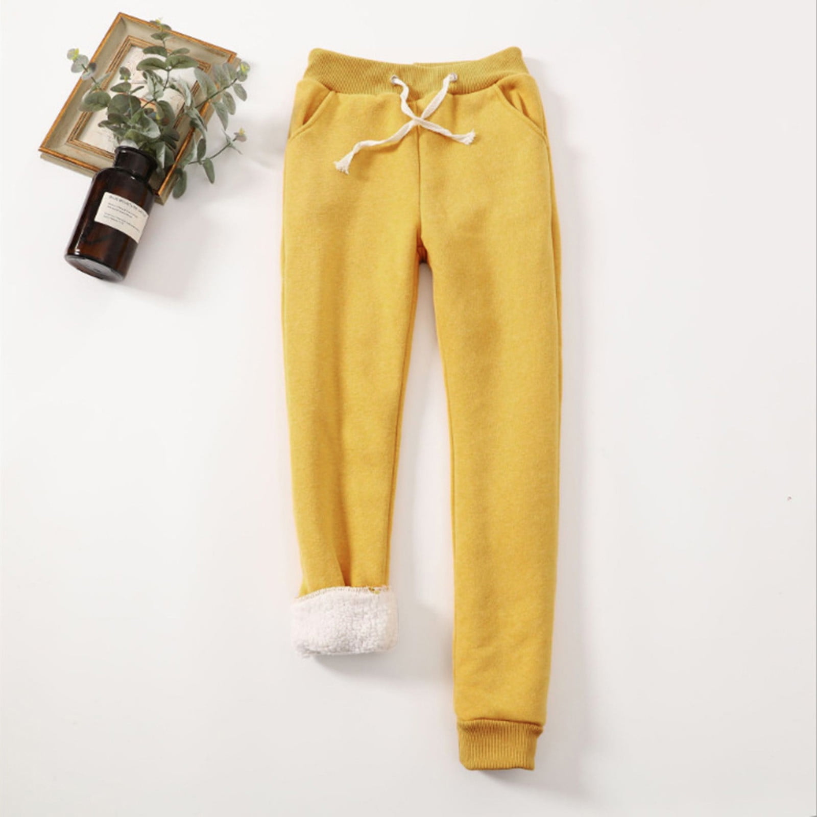 MRULIC pants for women Women Winter Casual Solid Color Keep Warm Plus  Velvet Long Pants Trousers With Pockets Yellow + XL 