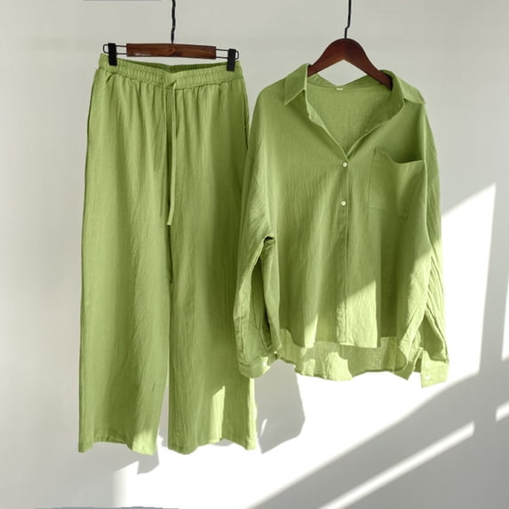 MRULIC pants for women Women's Casual Solid Retro Plus Size Cotton Linen Button Shirt High Waist Loose Pocket Long Pant Suit women's pants Green + XL
