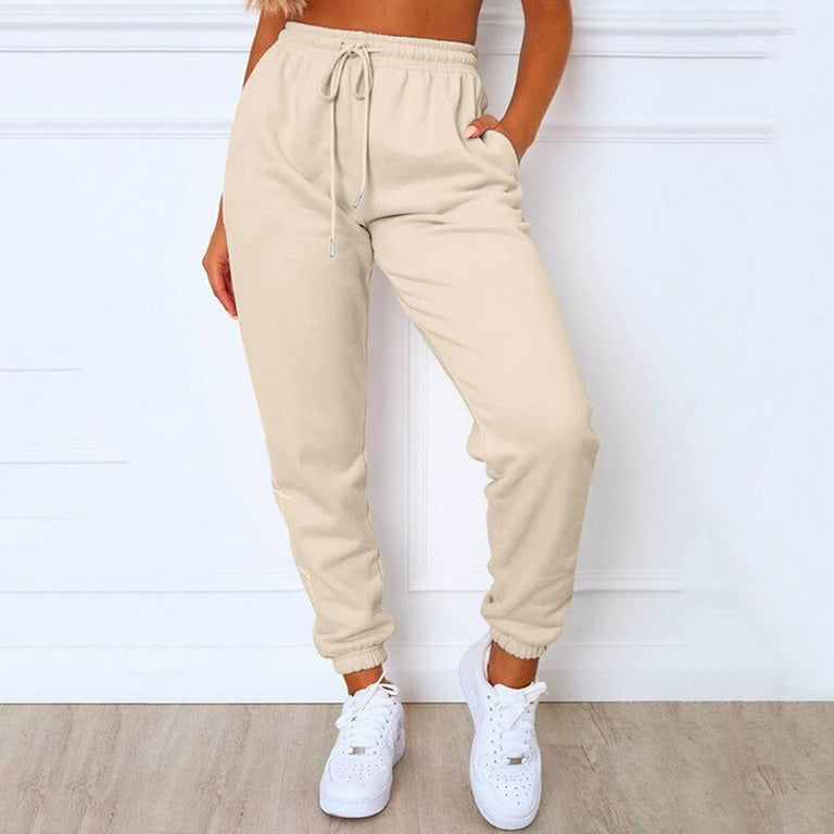 MRULIC pants for women Womens Sweatpants Comfy High Waisted Workout  Athletic Lounge Joggers Pants With Pockets Beige + L