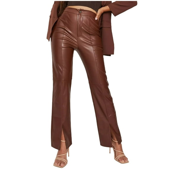 MRULIC pants for women Women Faux Leather Pants Solid Color High Waist Straight Wide Leg Leggings Slim Fit Trousers Vintage Pants Plus Size Pants Brown + M