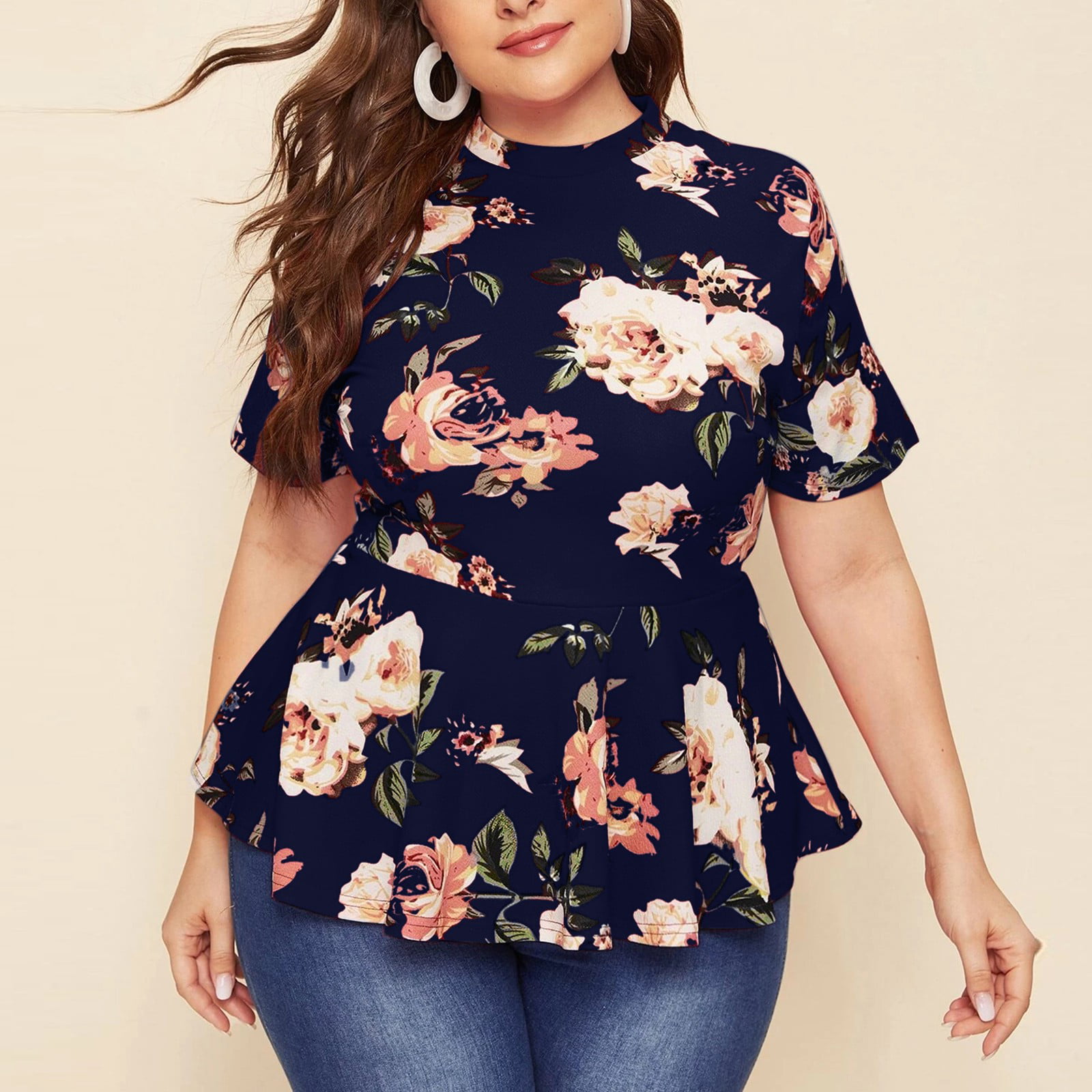size summer top Plus Size Women Casual Short Sleeve Plus Mock Neck Floral Print Peplum Top Blouse T Shirts Plus Size Tops Red + XL - Walmart.com
