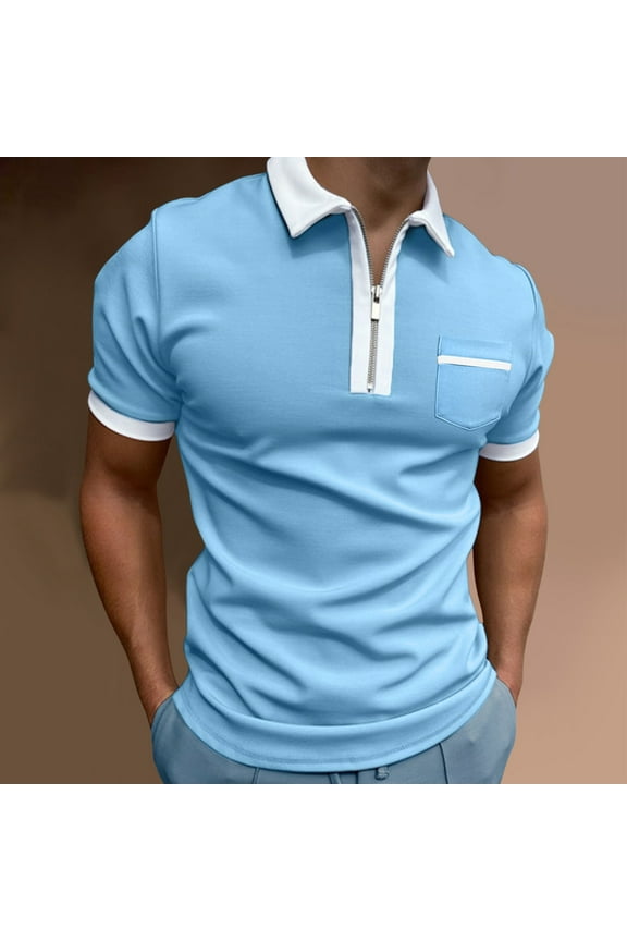 polo shirts for men Male Summer Solid Print T Shirt Turn Down Collar Short Sleeve Tops T Shirt Men Polo Shirts Light blue + XXL