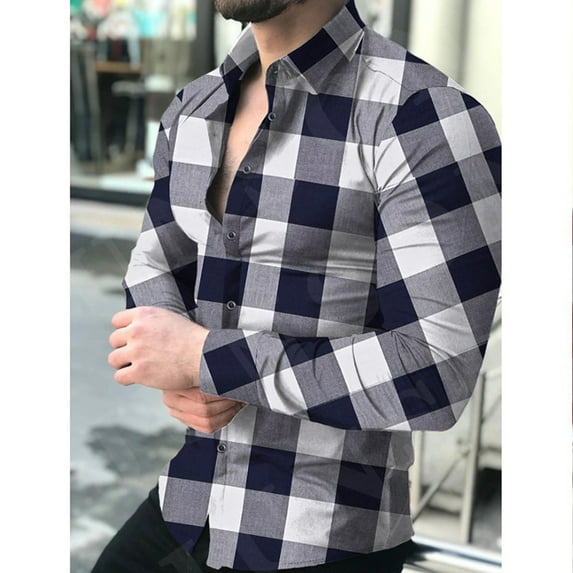 MRULIC shirts for men Mens Shirt Fashion Checkered Plaid Cross Matching Shirts Causal Button Shirt TopsMen Shirts Grey + L