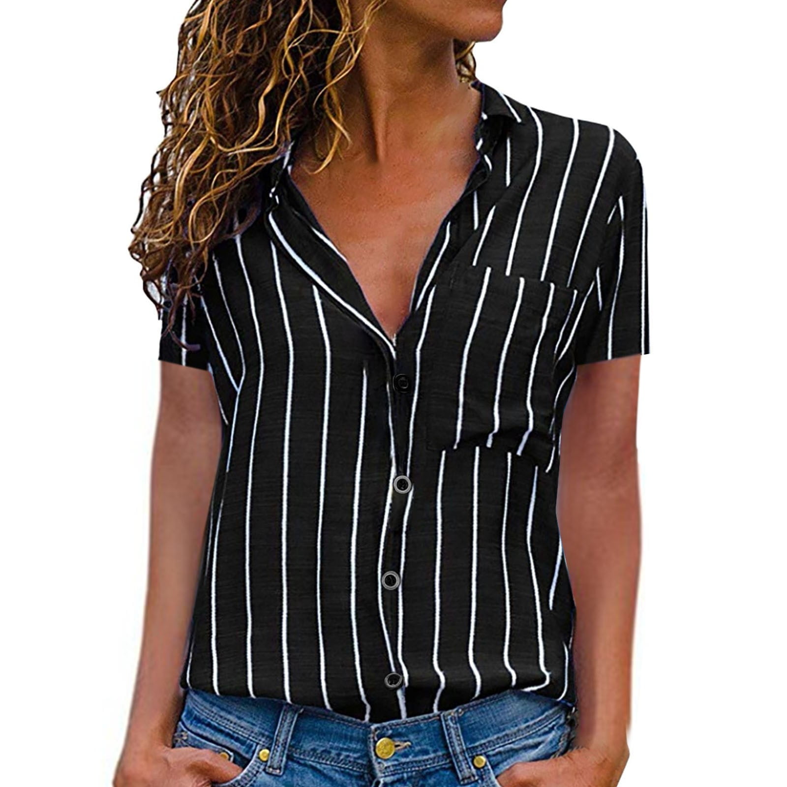 MRULIC shirts for women Women's Stripes Button Down Shirts Short Sleeve ...