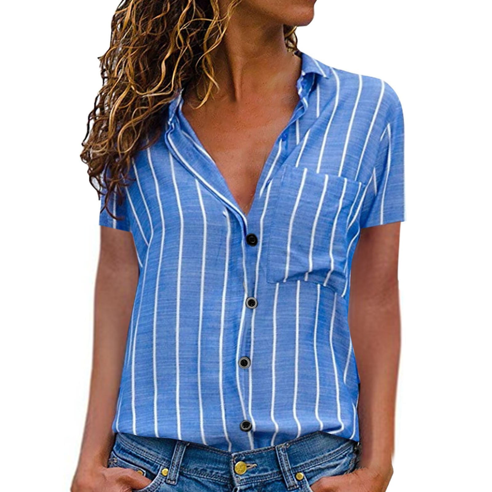 MRULIC shirts for women Women's Stripes Button Down Shirts Short Sleeve ...