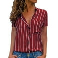 thumbnail image 1 of MRULIC shirts for women Women's Stripes Button Down Shirts Short Sleeve Tops V Neck Casual Work Blouses Women Shirts Red + XL, 1 of 6