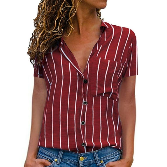 MRULIC shirts for women Women's Stripes Button Down Shirts Short Sleeve Tops V Neck Casual Work Blouses Women Shirts Red + XL