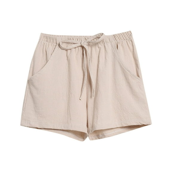 MRULIC shorts for women And Elastic Short Womens Pants Solid Linen Cotton Pocket Waist Loose Pants Khaki + M