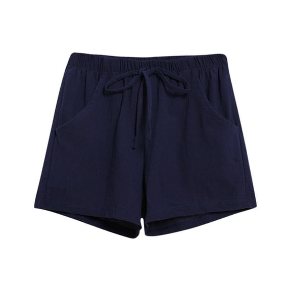 MRULIC shorts for women And Elastic Short Womens Pants Solid Linen Cotton Pocket Waist Loose Pants Navy Blue + S