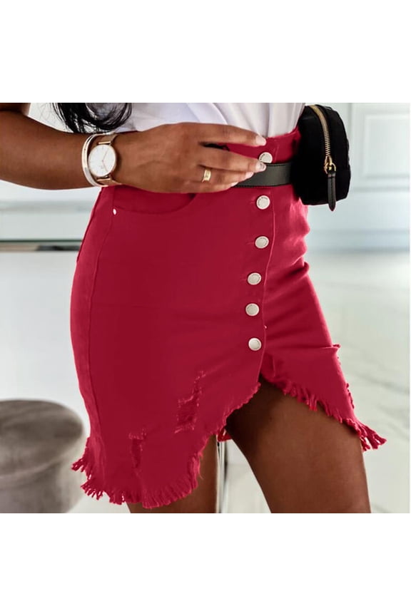 skirts for women New Women's Fashion Denim Skirt Summer Button Design Split Front Open Skirts Red + L