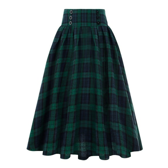 MRULIC skirts for women Women Fashion Casual Plaid SkirtWith Pockets Vintage High Waist Pleated Skirt Green + L