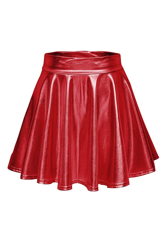 skirts for women Women's Casual Fashion Shiny Metallic Flared Pleated A-Line Mini Skirt Red + L