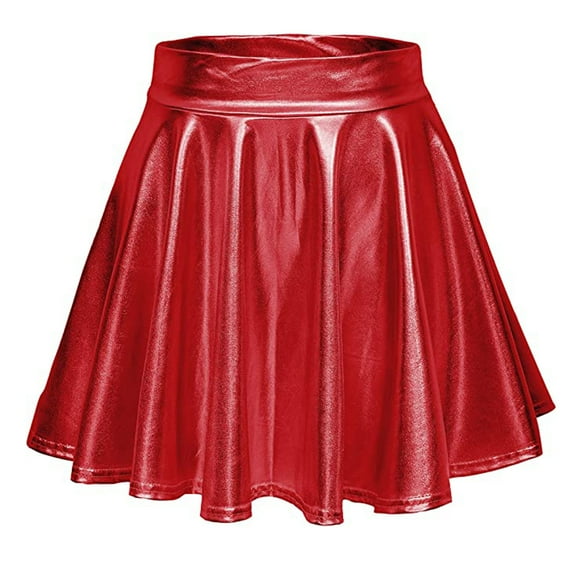 MRULIC skirts for women Women's Casual Fashion Shiny Metallic Flared Pleated A-Line Mini Skirt Red   XL