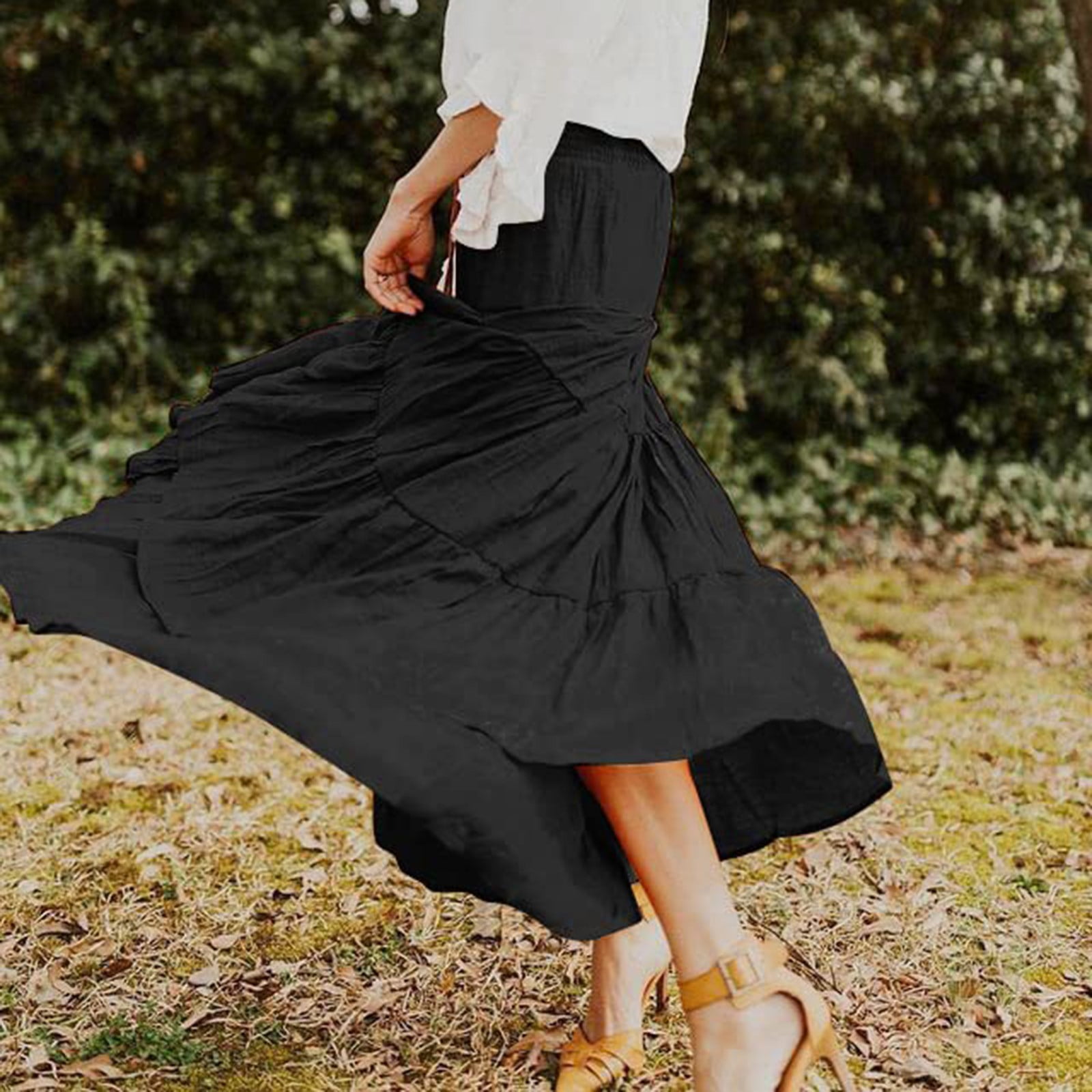 MRULIC skirts for women Women s Summer Elastic High Waist Boho Maxi Skirt Casual Drawstring A Line Long Skirt Black L Walmart