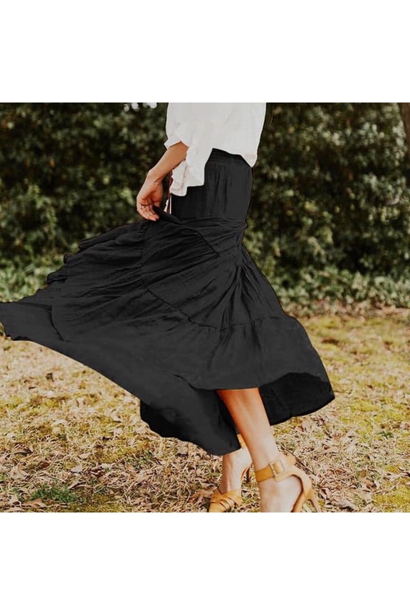 skirts for women Women's Summer Elastic High Waist Boho Maxi Skirt Casual Drawstring A Line Long Skirt Black + XL