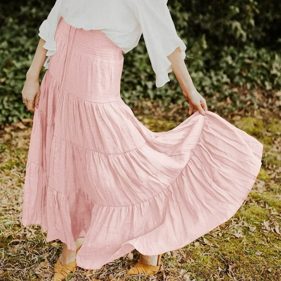 MRULIC skirts for women Women's Summer Elastic High Waist Boho Maxi Skirt Casual Drawstring A Line Long Skirt Pink + S