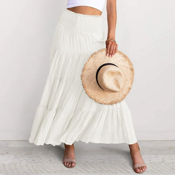 MRULIC skirts for women Women's Summer Elastic High Waist Boho Maxi Skirt Casual Drawstring A Line Long Skirt White + XL