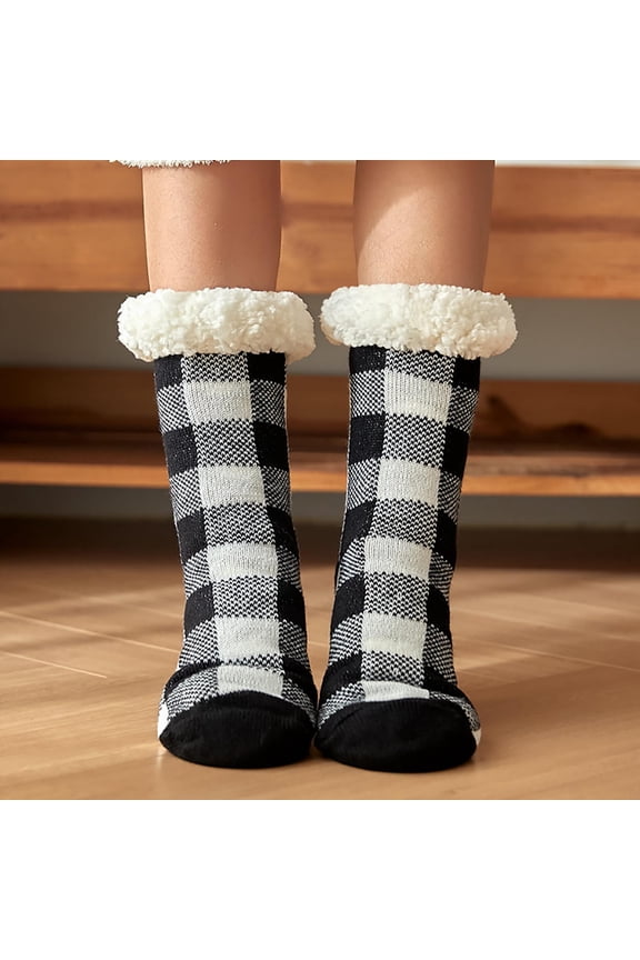 socks for women Women's Plaid Floor Socks Thicken Warm Sleeping Socks Slippers Socks Black + One size