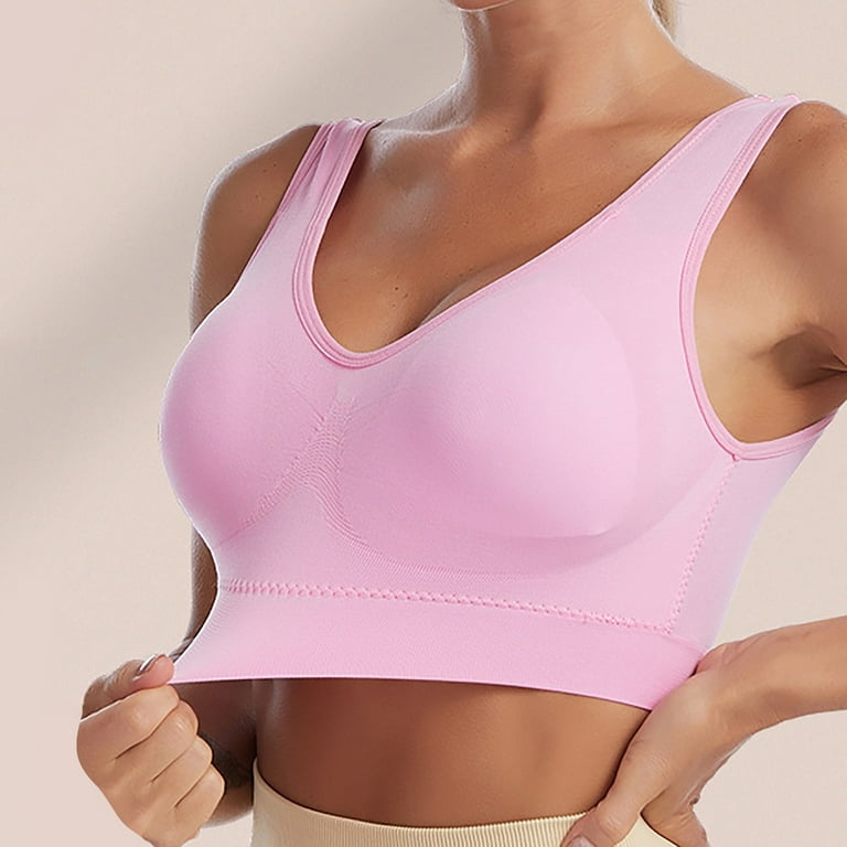 MRULIC sports bras for women Women's Seamless MID Solid Color Sports Bra  With Removable Bra Pad Pink + 3XL 