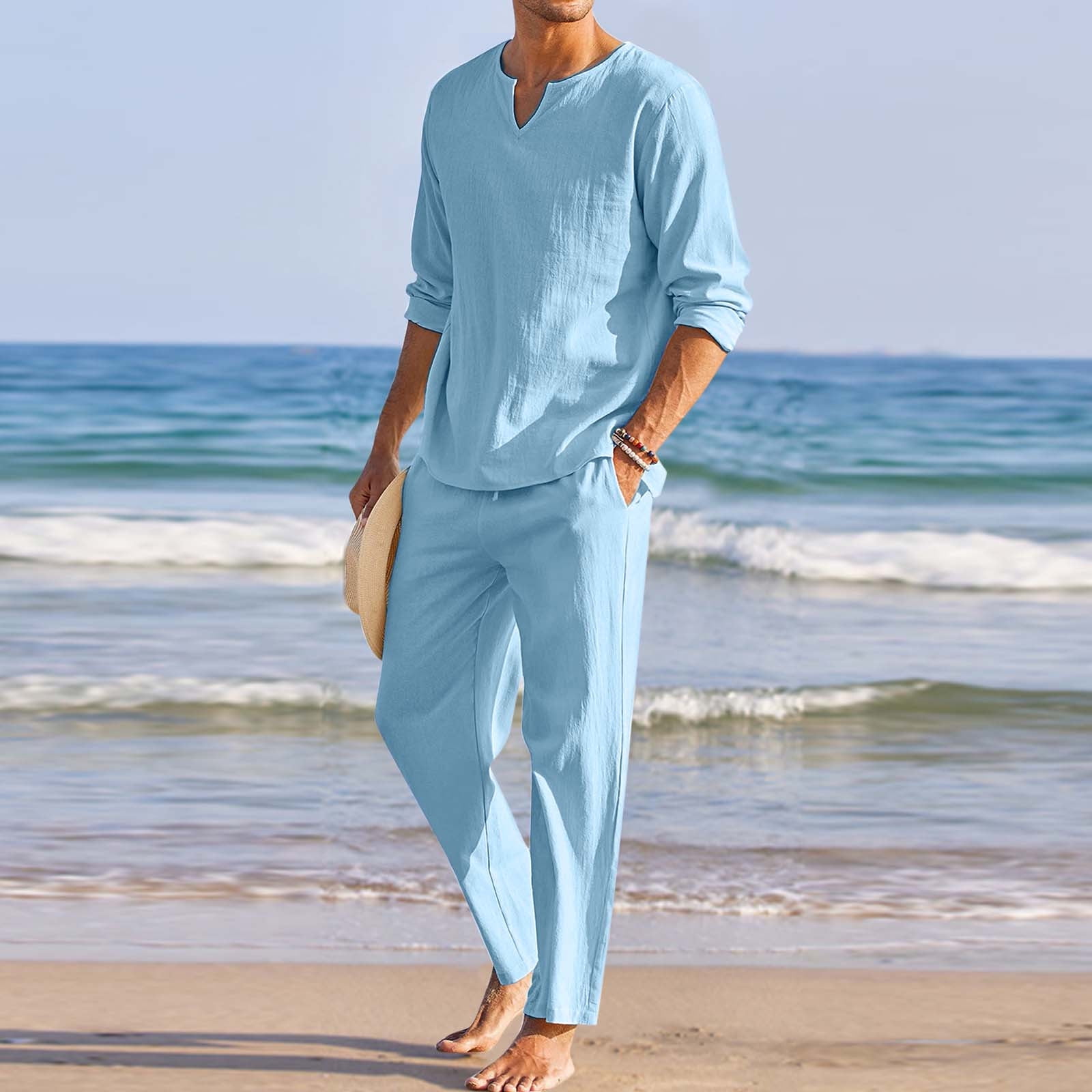 MRULIC suits for men Men Pieces Cotton Linen Set Henley Shirt Long