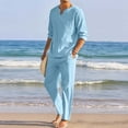 thumbnail image 1 of MRULIC suits for men Men Pieces Cotton Linen Set Henley Shirt Long Sleeve And Casual Beach Pants Summer Yoga Outfits Men Suits Light blue + XL, 1 of 1